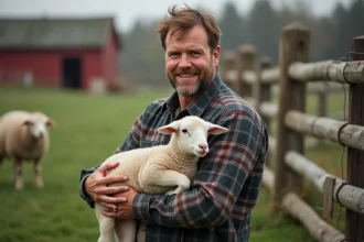 Éleveur avec mouton dans un paysage rural authentique