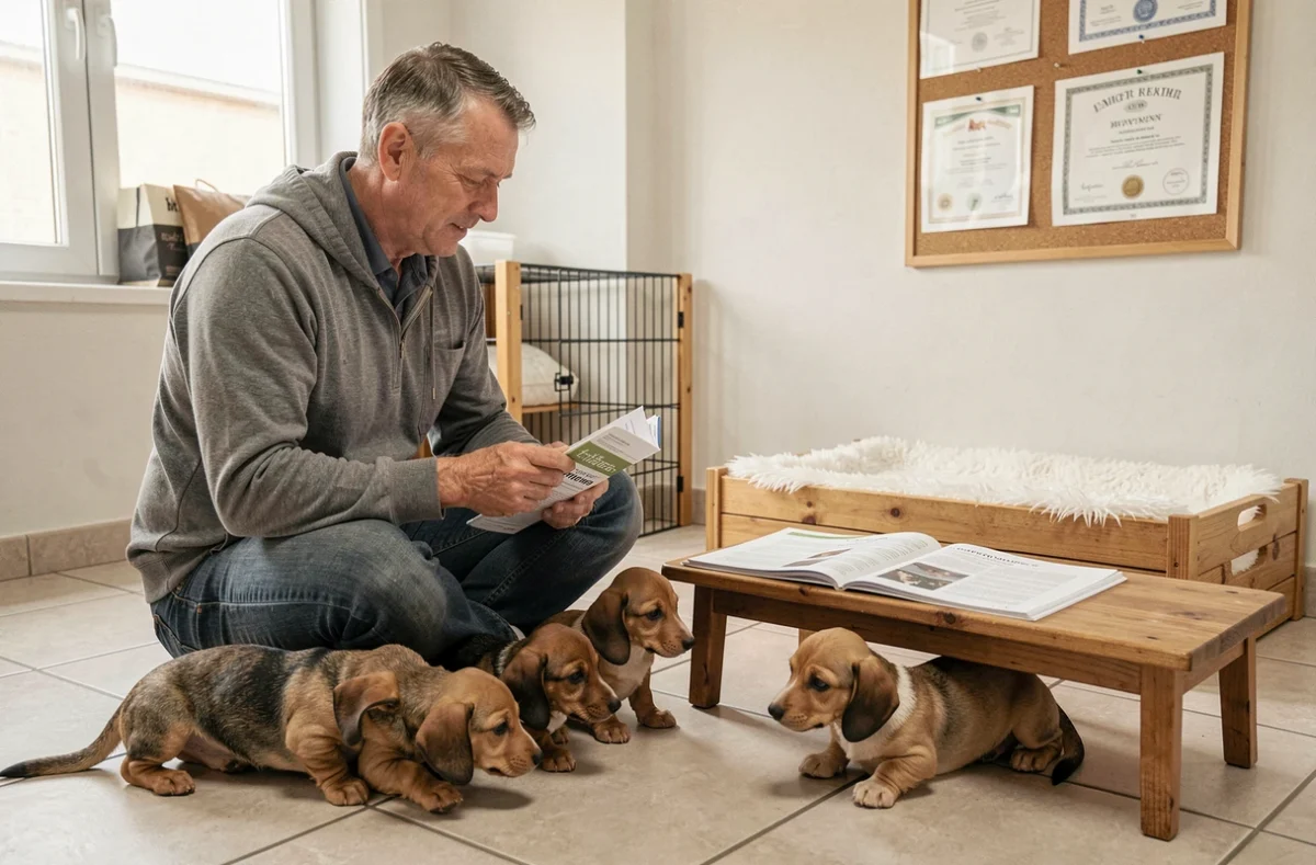 Éleveur teckel Kaninchen consultant les documents de santé et pedigree d'une portée de chiots