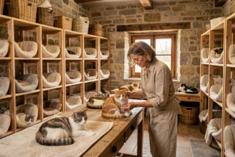 Éleveuse de chats dans une chatterie traditionnelle du Grand Est tenant un chaton, avec plusieurs races félines dans un intérieur chaleureux en pierre et bois