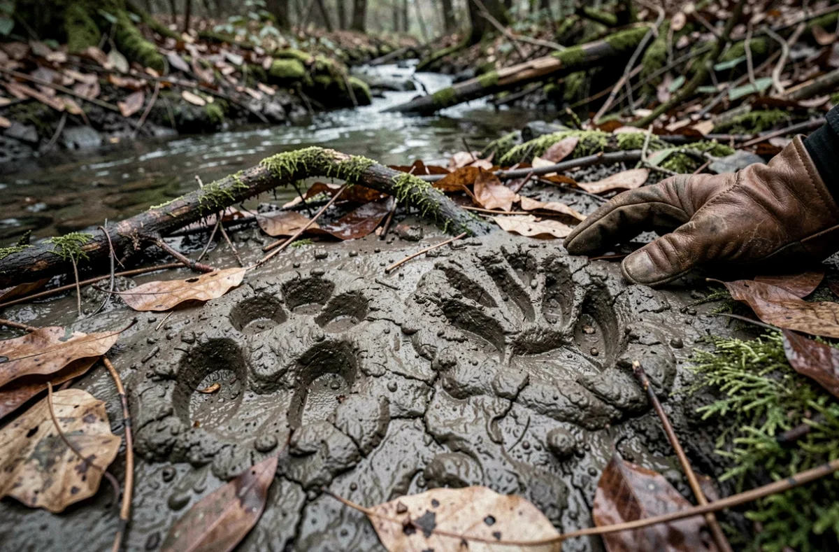 Comparaison des empreintes de cerf et de chevreuil dans la boue humide d'une forêt, avec main gantée pour l'échelle