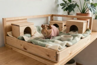Cochon d'Inde Skinny dans un enclos intérieur spacieux avec litière en polaire et cachettes en bois