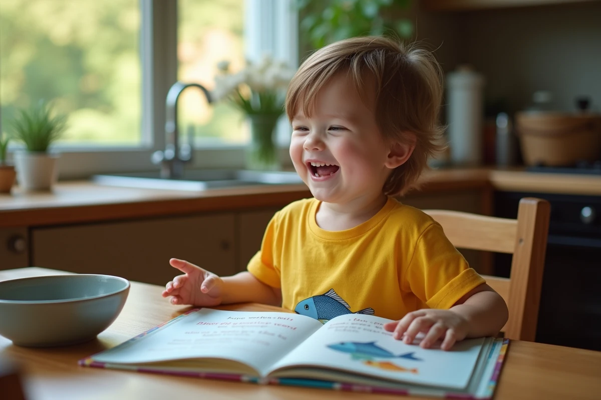Enfant riant avec un livre sur un poisson bleu dans la cuisine