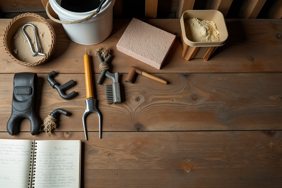 Accessoires et équipements pour chèvres naines disposés sur une table en bois avec une liste de courses manuscrite