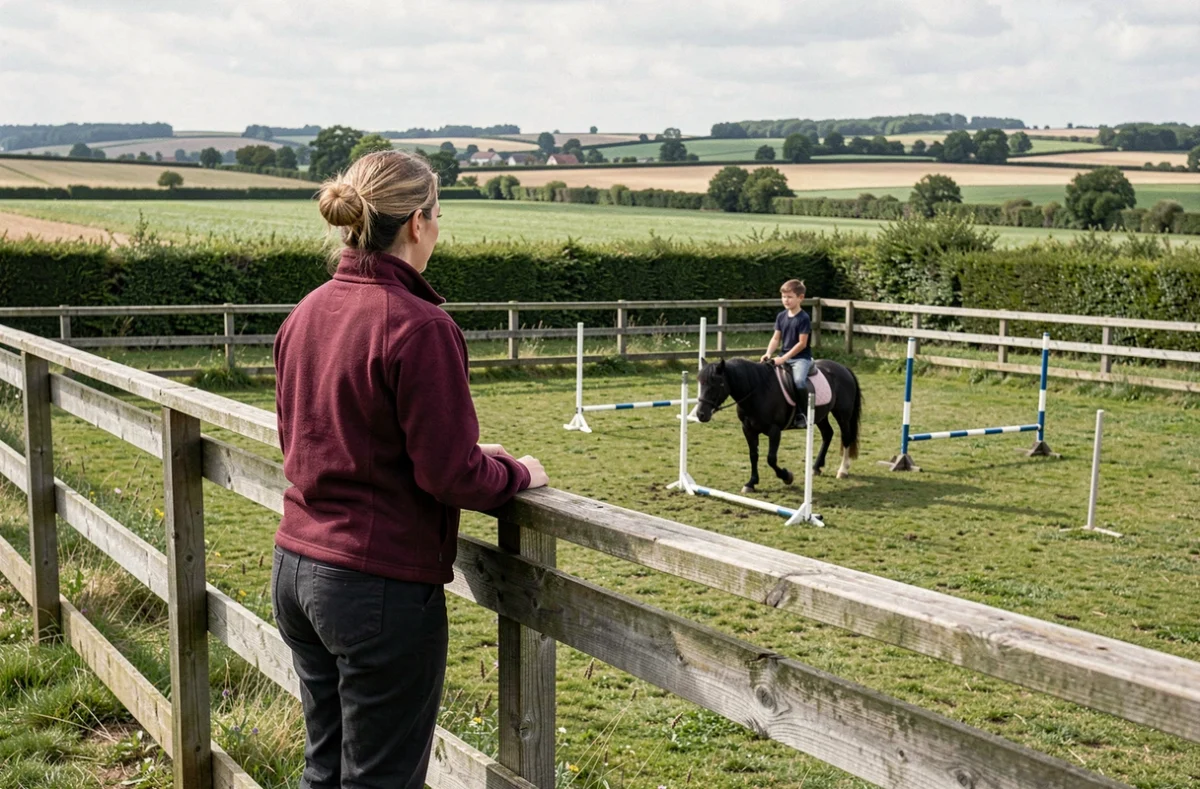 Une instructrice en veste bordeaux supervisant un jeune cavalier sur un poney noir lors d'un exercice au sol à l'Espace équestre des Plaines de Mazerolles à Saint-Mars-du-Désert