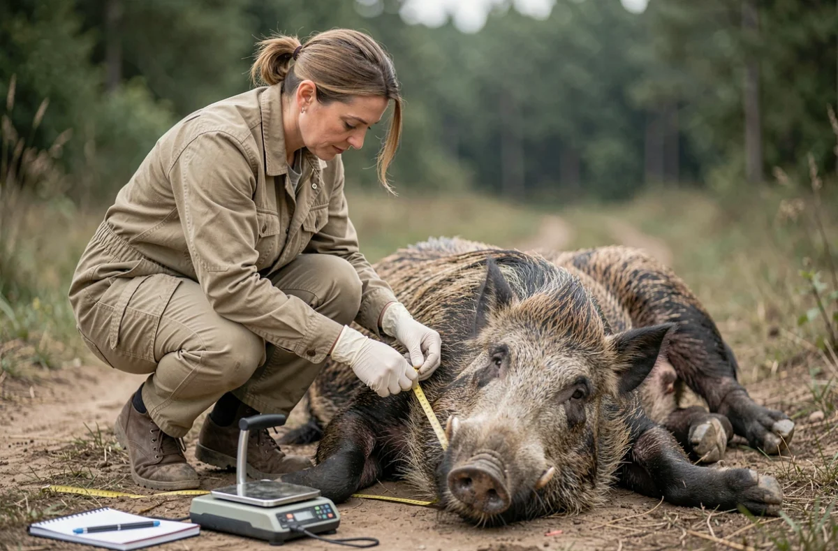 Biologiste mesurant le poids d'un sanglier adulte anesthésié lors d'une étude scientifique sur le terrain en forêt