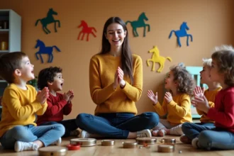 Animatrice musicale guidant des enfants dans un jeu de rythme inspiré de la chanson du cheval en salle d'éveil musical