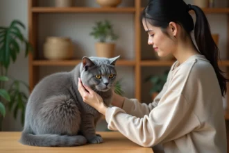 Femme examinant une chatte British Shorthair bleue lors d'une visite chez l'éleveur avant adoption