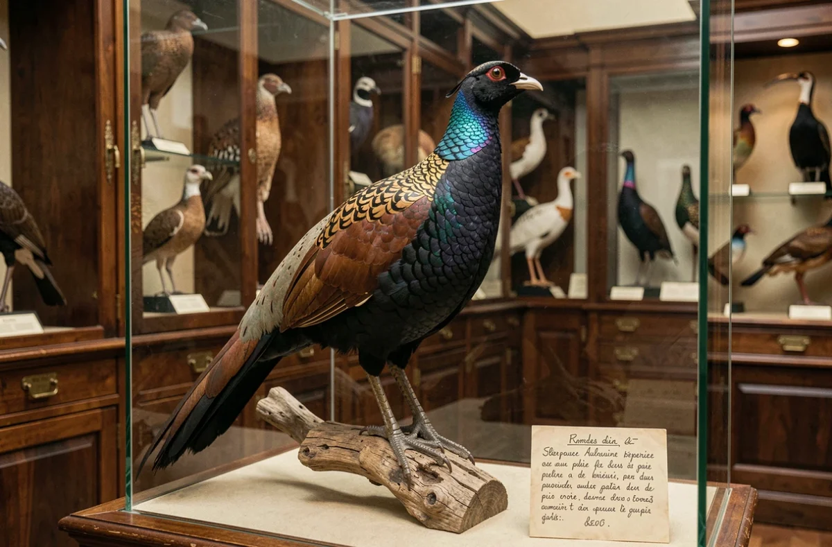 Spécimen naturalisé de faisan mélanistique exposé dans une vitrine de musée d'histoire naturelle avec étiquette scientifique