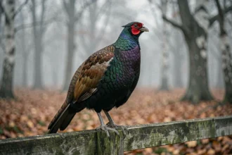 Faisan sombre aux plumes noires irisées perché sur un vieux poteau en bois dans une forêt automnale brumeuse