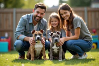 Famille avec chiots Bully dans le jardin en extérieur