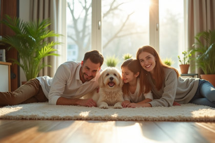 Famille heureuse relaxant avec leur chien dans un salon lumineux