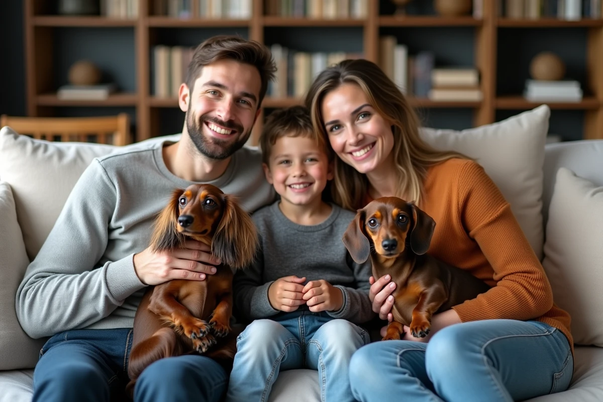 Famille avec deux teckels dans le salon chaleureux