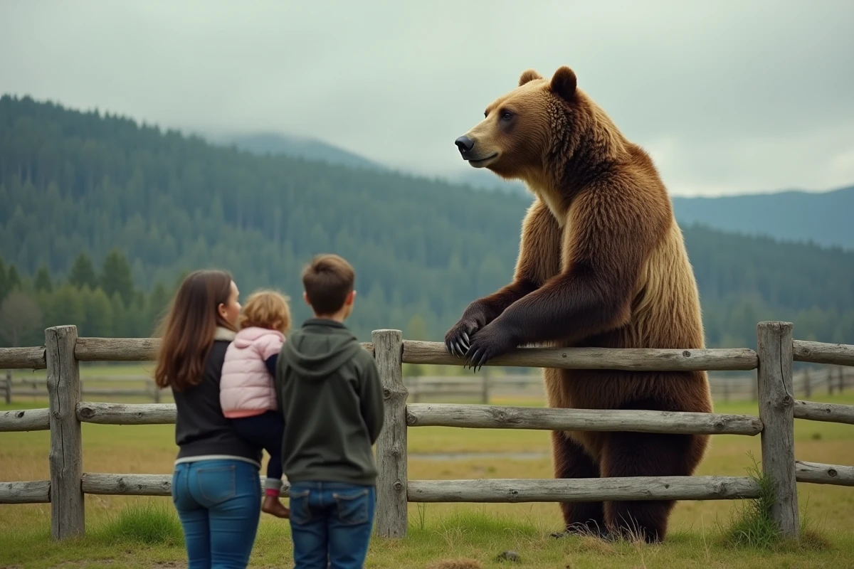 Famille regardant un ours derrière une clôture en plein air