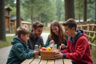 Famille en pique-nique dans un parc animalier en Savoie avec table en bois et enclos d'animaux en arrière-plan