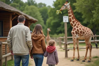 Famille heureuse au zoo de La Palmyre regardant des girafes