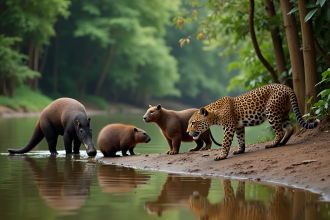 Animaux sauvages de l'Amazonie avec fourmilier jaguar et capybara