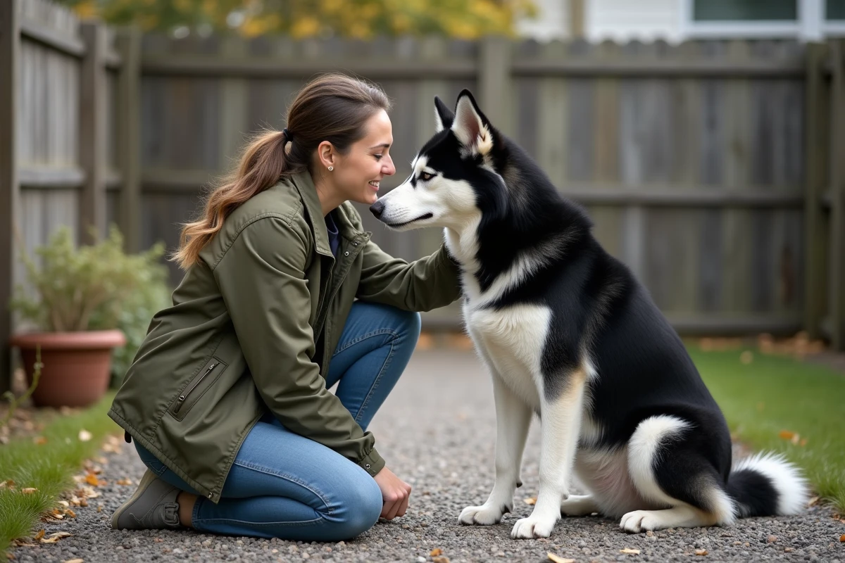 Femme adoptante faisant connaissance avec un husky sibérien noir et blanc dans la cour d'un refuge pour chiens