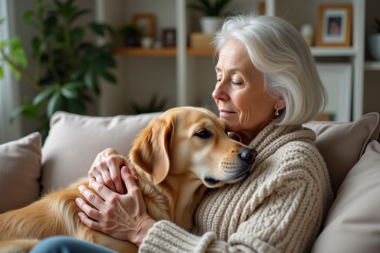 Femme agee caressant un chien golden retriever dans un salon