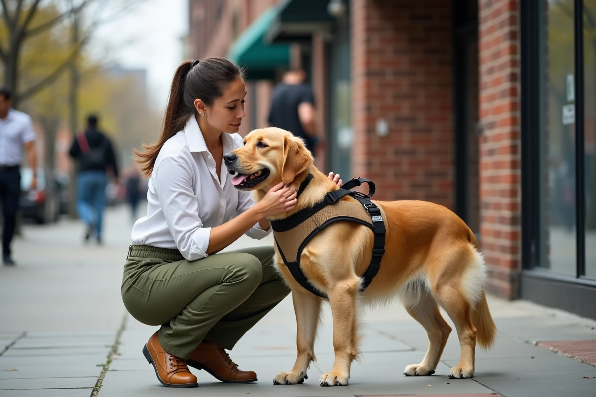 Femme ajustant un harnais rembourré sur son Golden Retriever en milieu urbain sur un trottoir de ville