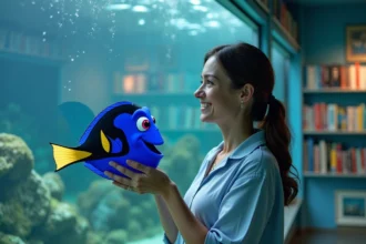 Femme souriante tenant un poisson bleu dans un aquarium