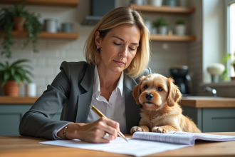 Femme française assise à la cuisine avec son chien et documents d'assurance