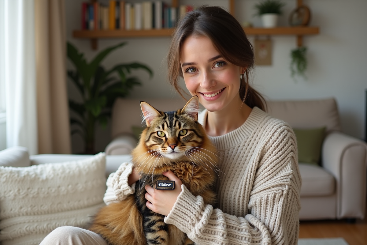 Jeune femme avec chat tabby dans un salon lumineux