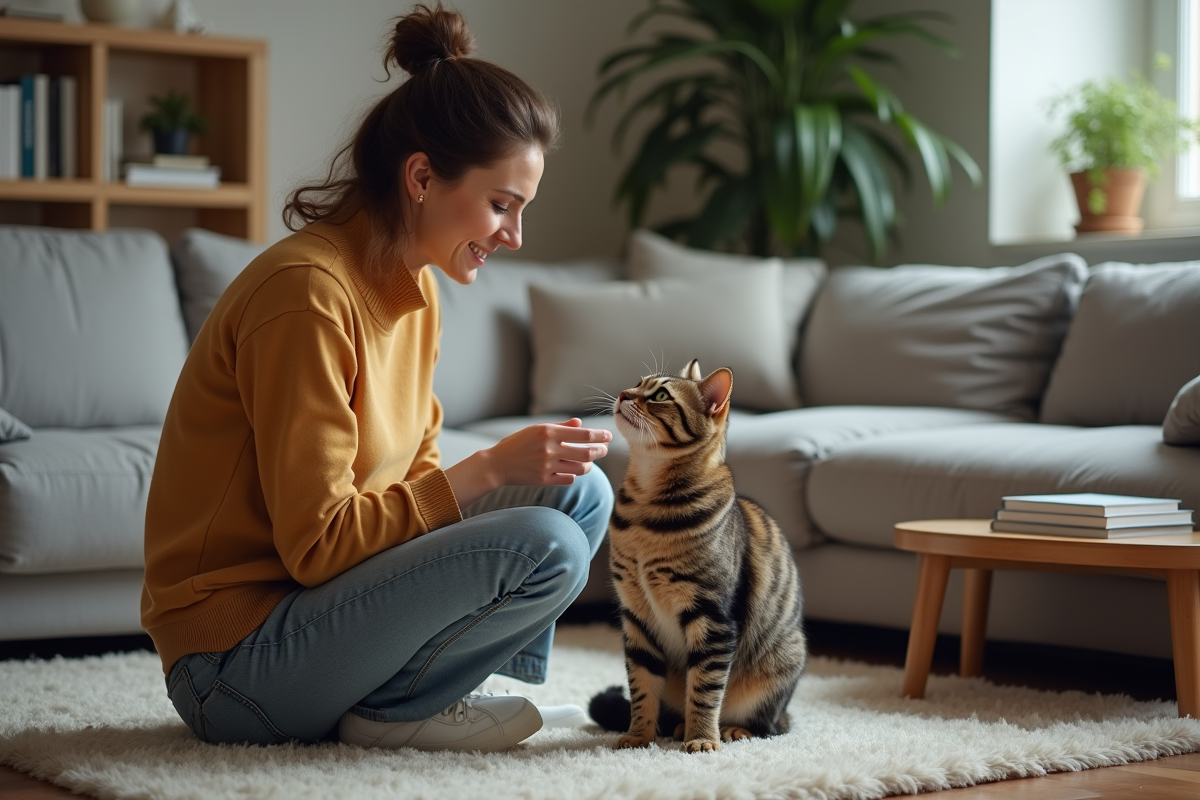 Femme assise avec son chat tabby dans le salon