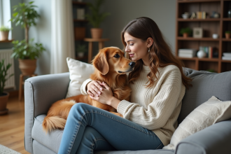 Jeune femme réconfortant un chien golden retriever à la maison