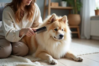 Femme qui brosse son chien Eurasier aux poils épais dans un salon scandinave, poils visibles sur ses vêtements