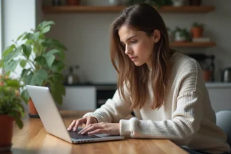 Jeune femme travaillant sur un ordinateur dans sa cuisine