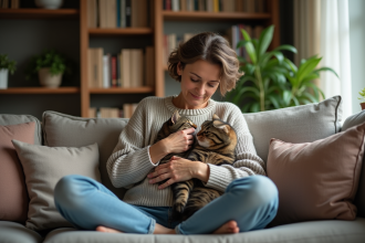 Femme assise avec un chat dans un salon chaleureux