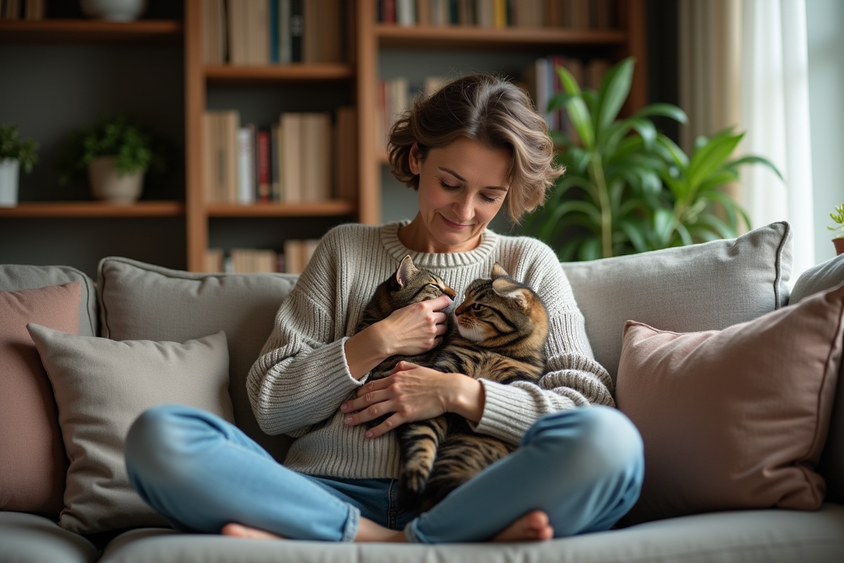 Femme assise avec un chat dans un salon chaleureux