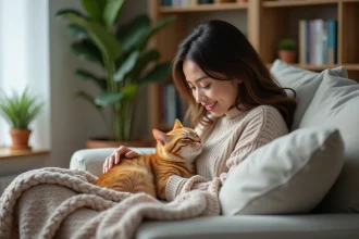 Jeune femme assise avec son chat orange dans un salon cosy