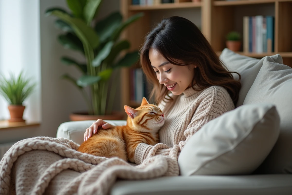 Jeune femme assise avec son chat orange dans un salon cosy