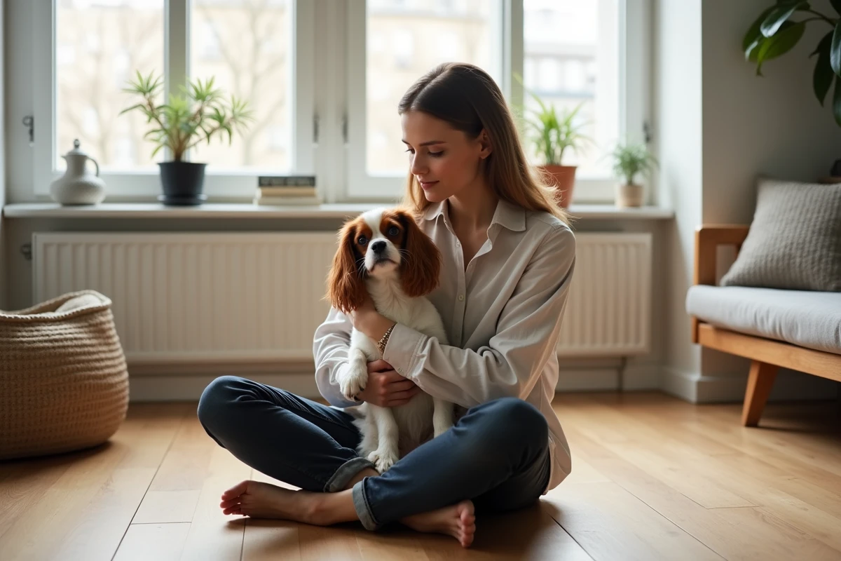 Jeune femme tenant un Cavalier King Charles Spaniel dans son appartement parisien, vie en ville avec un petit chien