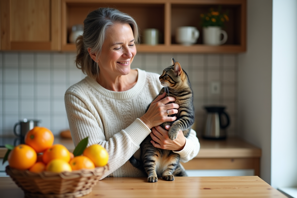 Femme tenant son chat tabby dans une cuisine lumineuse