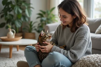 Jeune femme observant un chat aux pupilles dilatées