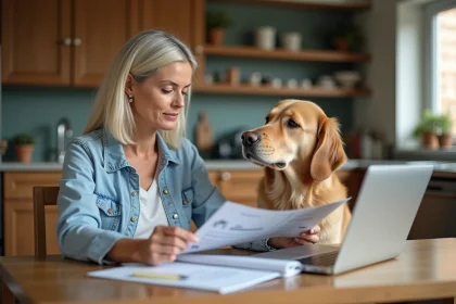 Femme et chien regardant brochures d'assurance à la maison