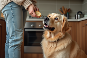 Jeune femme offrant un morceau de pain à son chien dans la cuisine