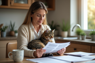 Femme dans une cuisine moderne avec un chat relaxe