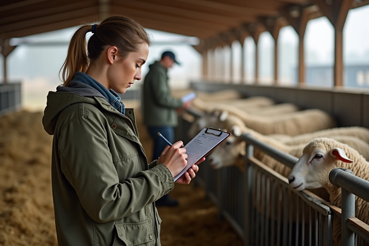 Femme vérifiant un groupe de moutons à la ferme