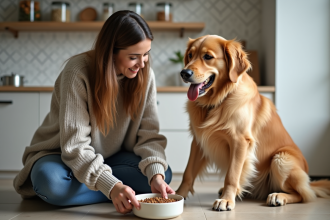 Femme en jeans et pull donnant à manger à son chien dans la cuisine