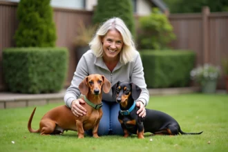 Femme souriante avec deux teckels dans le jardin