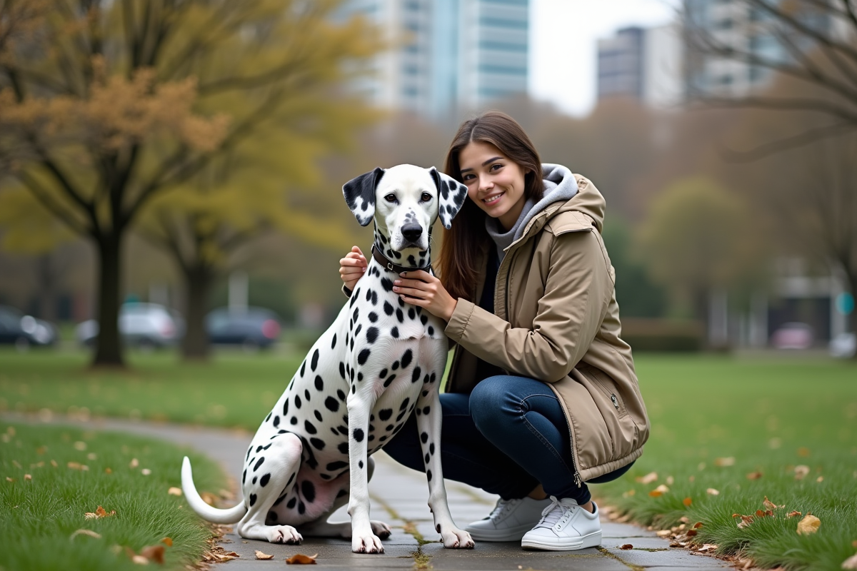 Jeune femme avec Dalmatien dans un parc urbain en ville