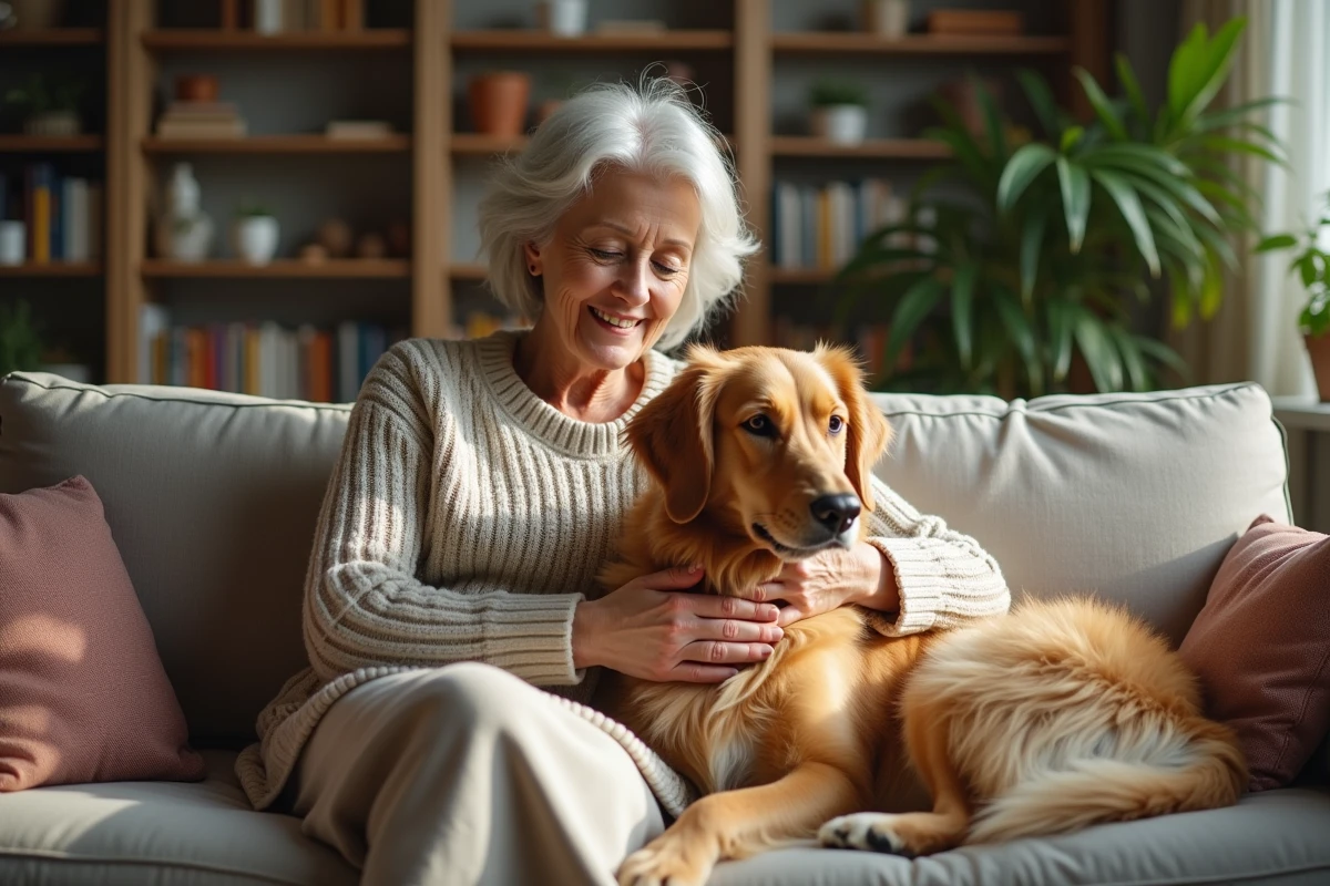 Femme caressant un grand chien dans un salon chaleureux