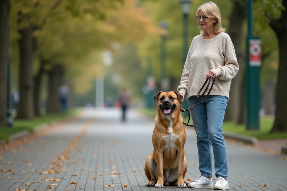 Femme avec chien musclé dans un parc urbain calme