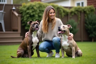 Jeune femme caressant deux chiens dans un jardin