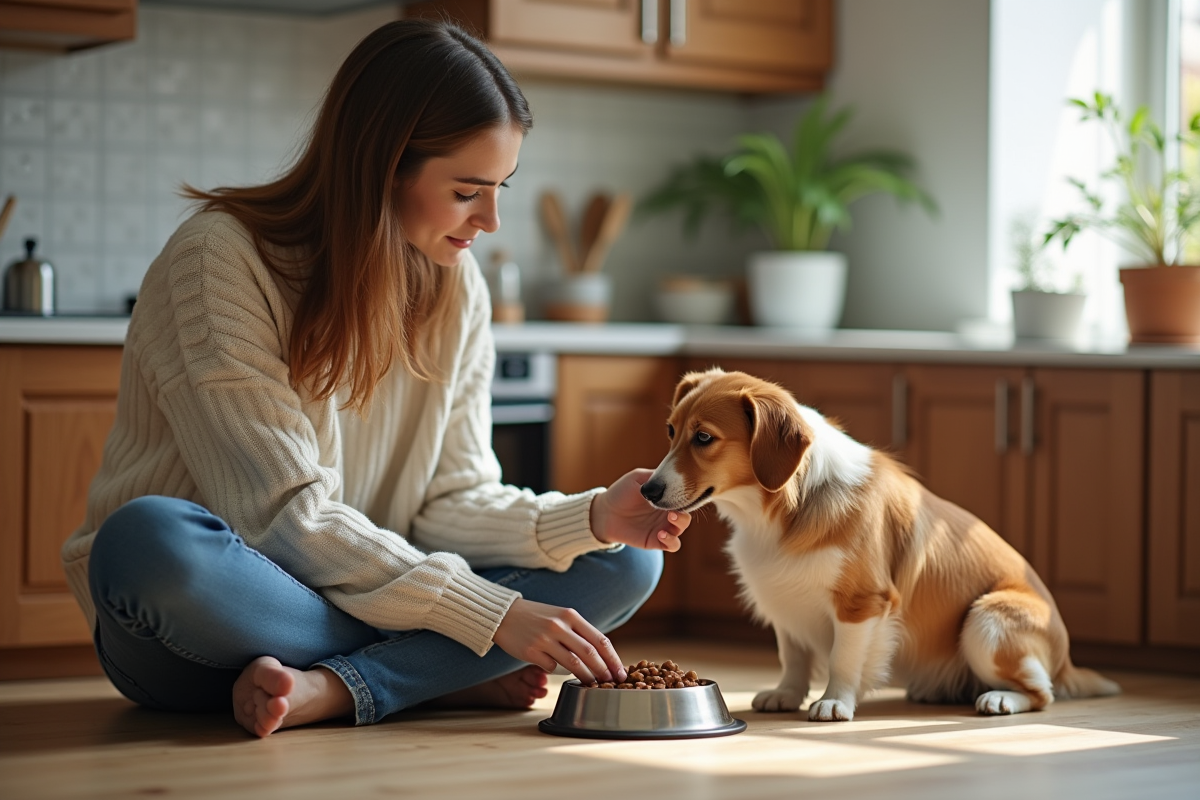 Jeune femme donnant de la nourriture humide à son chien dans une cuisine chaleureuse