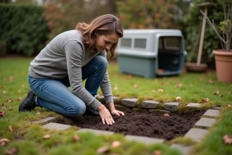 Femme en jeans près d'une tombe dans un jardin automnal