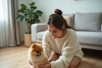 Jeune femme examinant un chien Boo Poméranien avant achat dans un appartement moderne